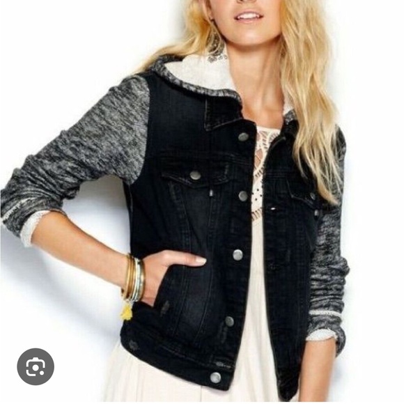 Free People Vintage Knit and Denim Pumice Black Jean Jacket XS - Picture 2 of 8